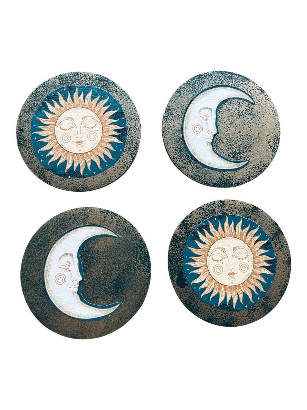 Celestial Sun Moon Coaster Set 4” Cork Backed Boho Astrology Decor